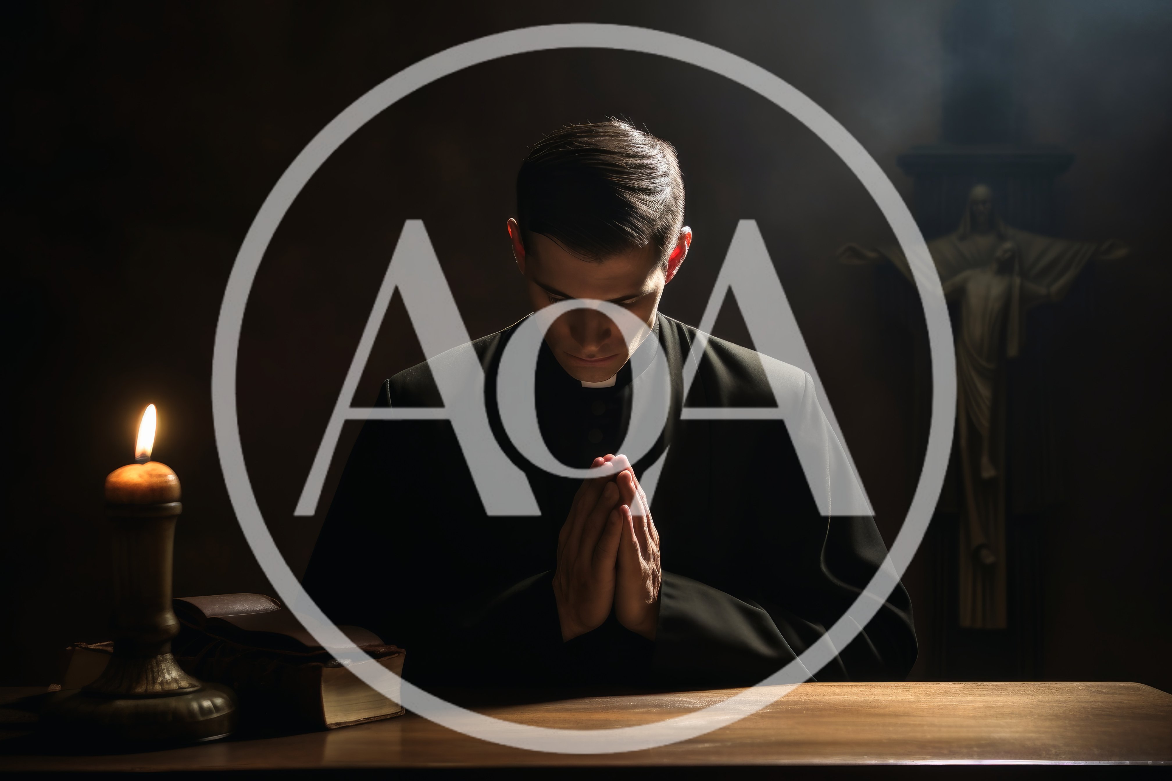 Catholic Priest Praying in Dimly Lit Church