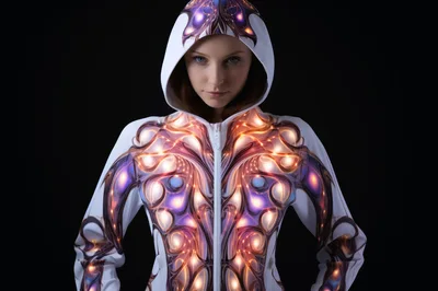 Futuristic Woman Wearing Glowing Bioluminescent Fractal Pattern Hoodie