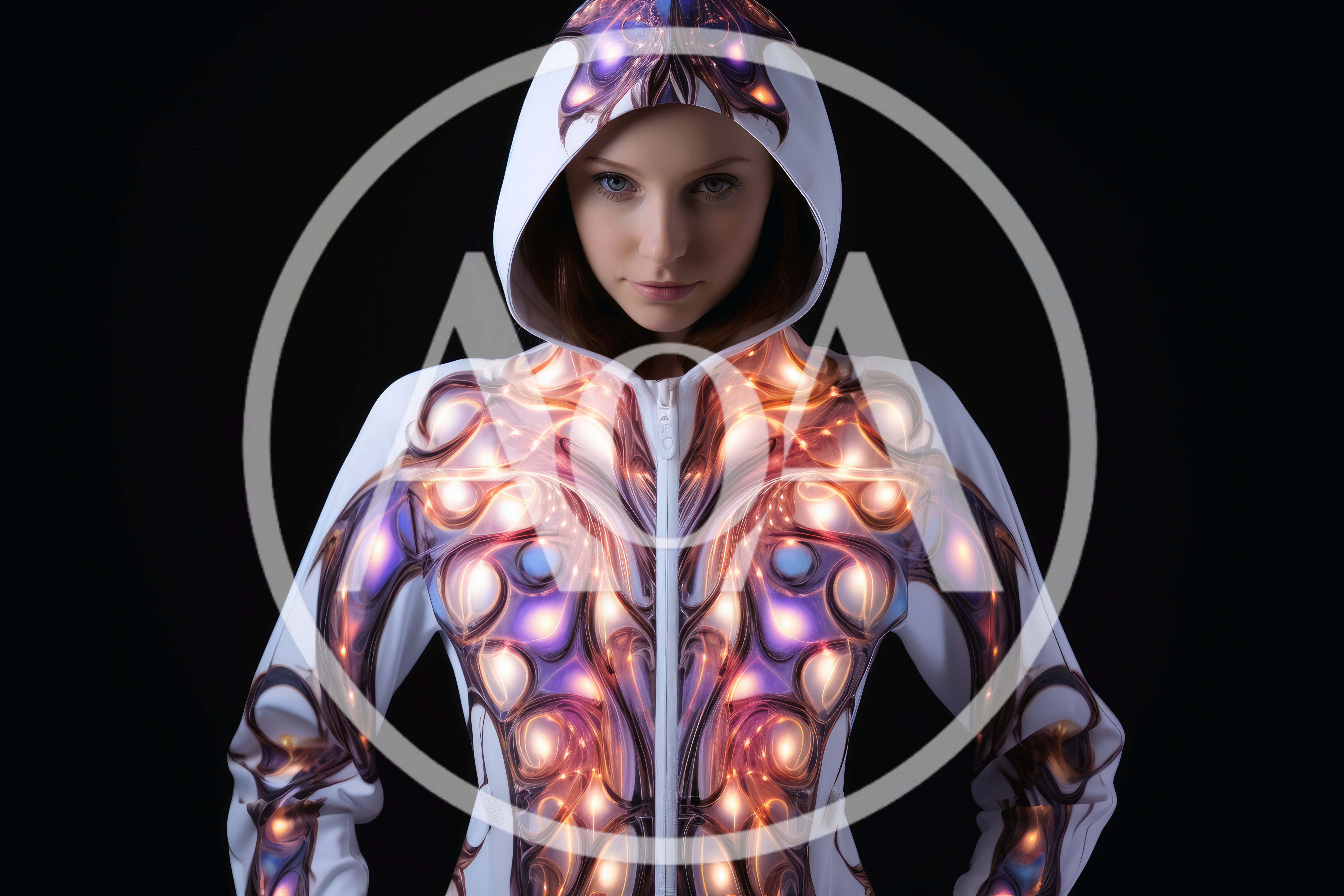 Futuristic Woman Wearing Glowing Bioluminescent Fractal Pattern Hoodie