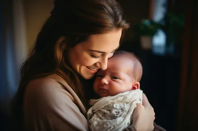 Mother Gently Embracing Her Newborn Baby