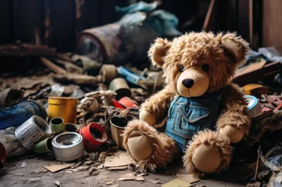 Abandoned Teddy Bear Sitting Among Trash