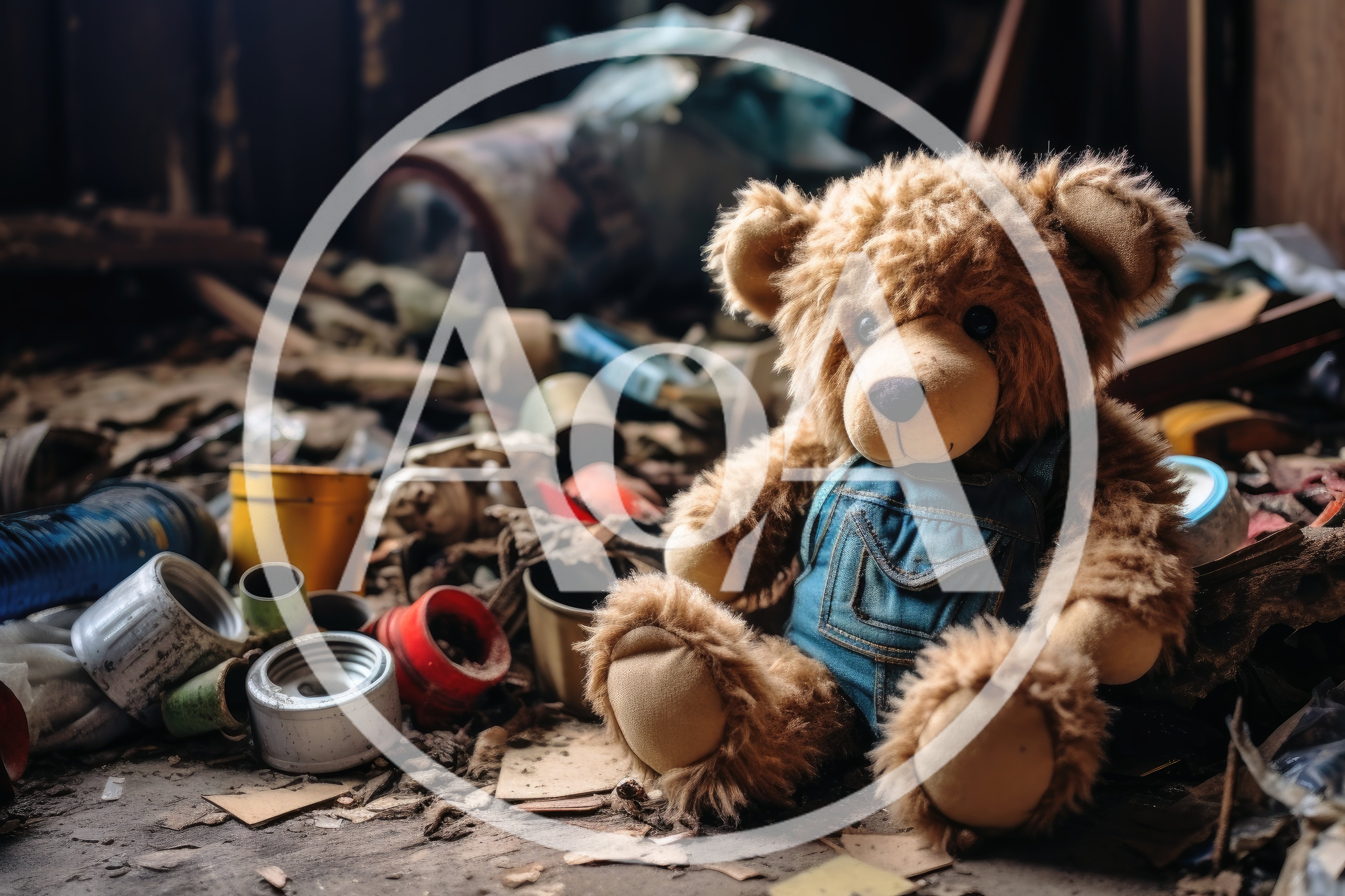 Abandoned Teddy Bear Sitting Among Trash