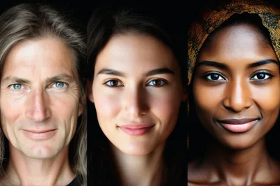 Three Diverse Portraits Of People Against Black Background