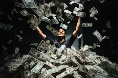 Excited Man Surrounded By Falling Cash