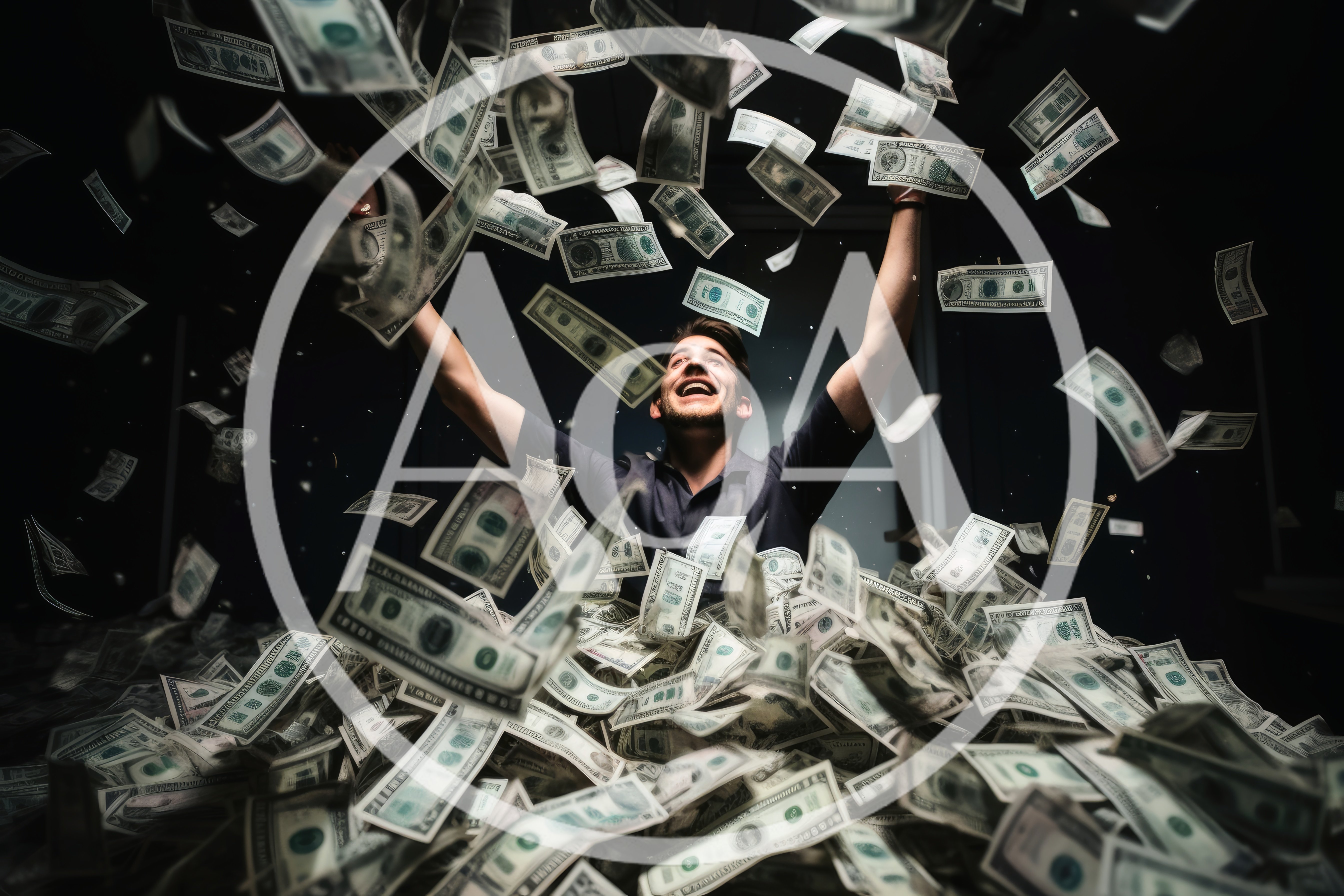 Excited Man Surrounded By Falling Cash