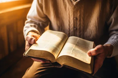 Elderly Man Reading An Open Bible In Warm Light
