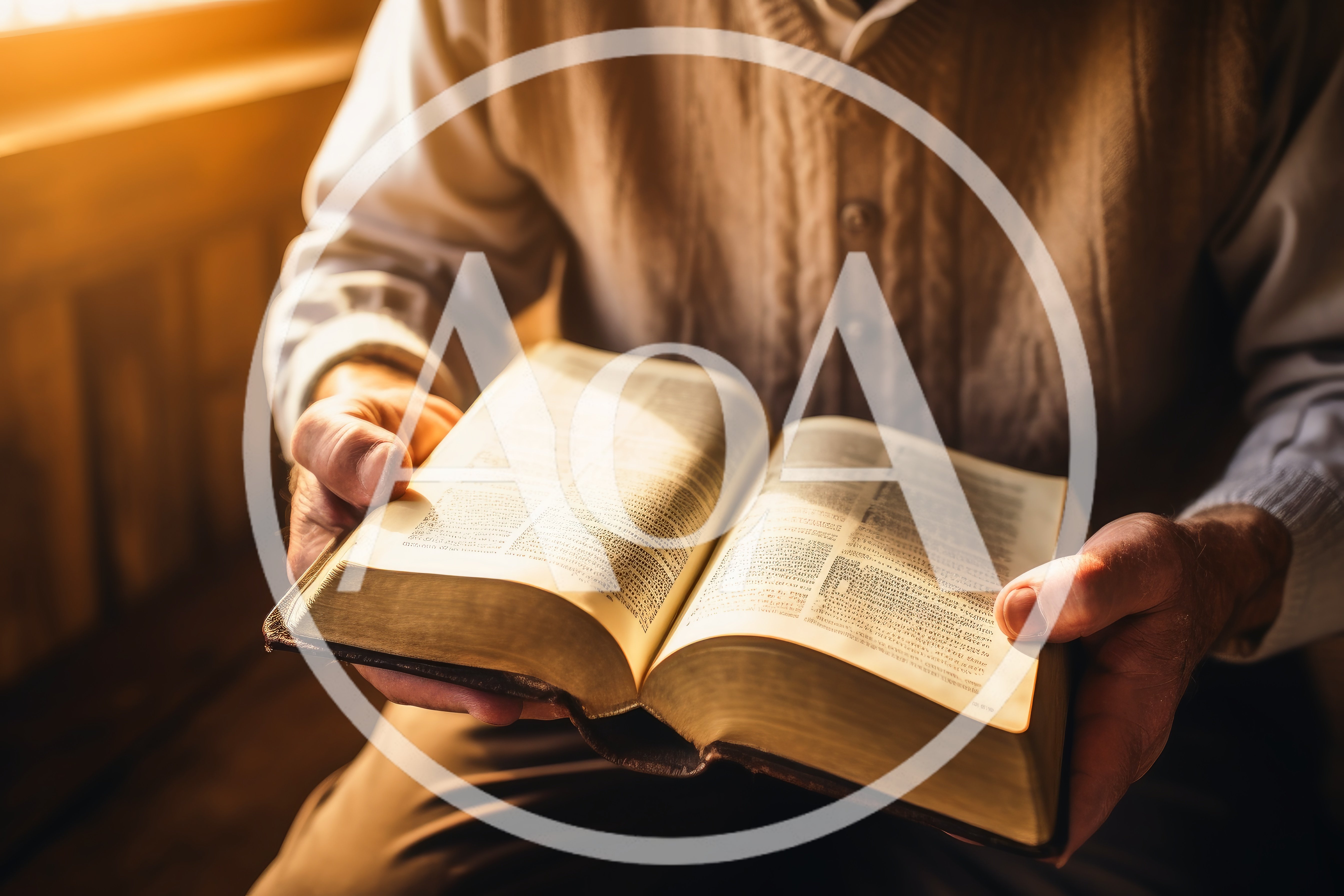 Elderly Man Reading An Open Bible In Warm Light