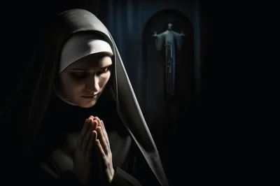 Nun Praying With Clasped Hands In Dimly Lit Chapel