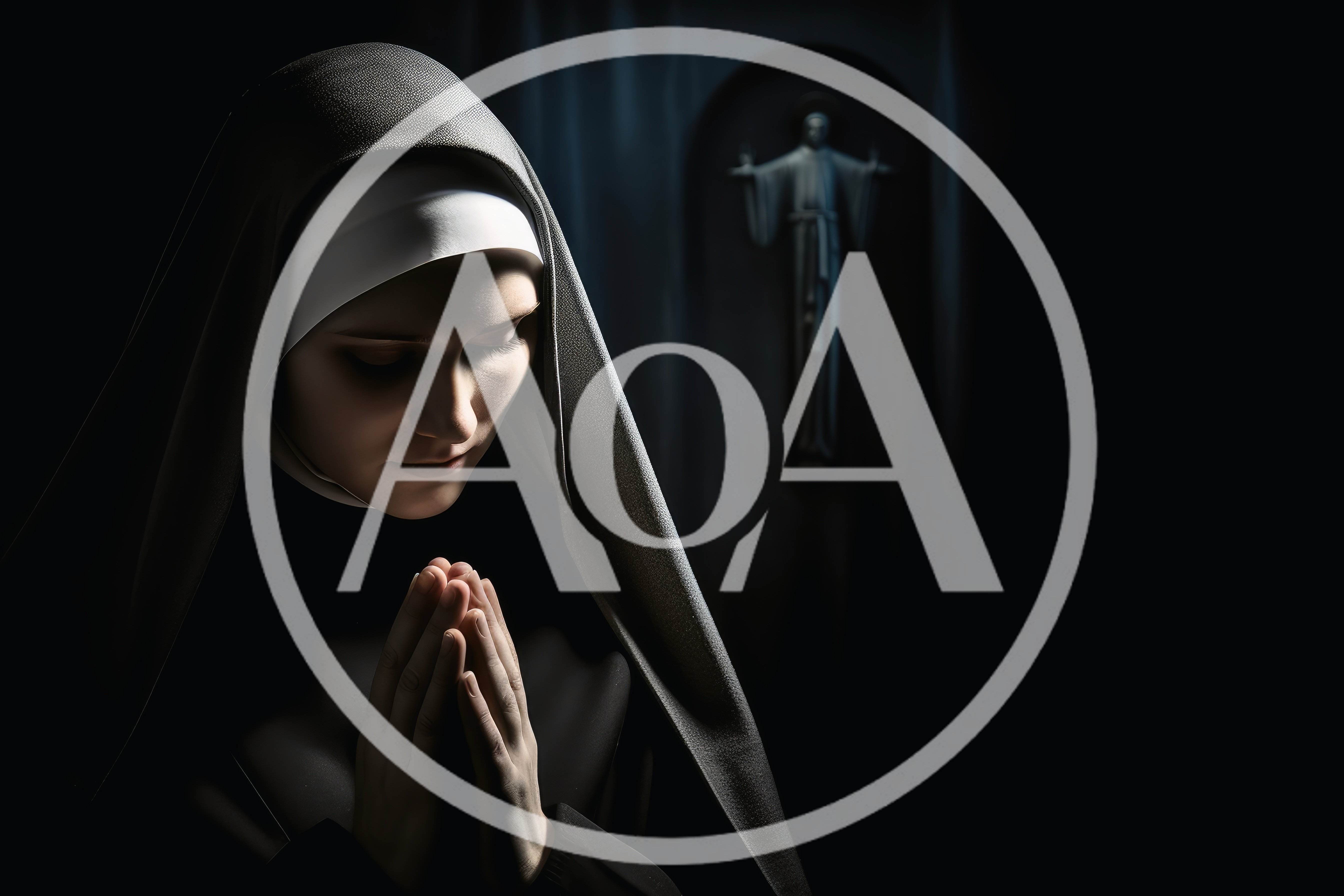 Nun Praying With Clasped Hands In Dimly Lit Chapel