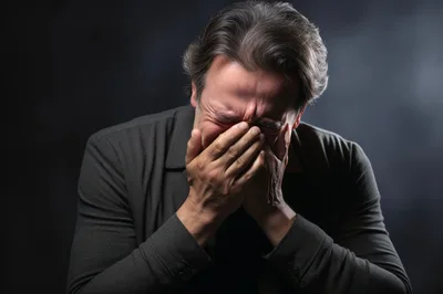 Distressed Man Crying With Hands Over Face