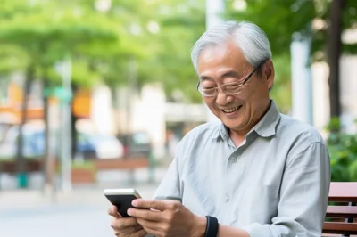 Senior Asian Man Using Smartphone Outdoors
