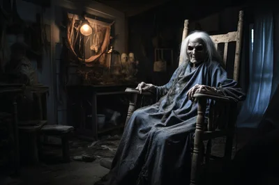 Creepy Elderly Figure Sitting In A Dark Wooden Rocking Chair