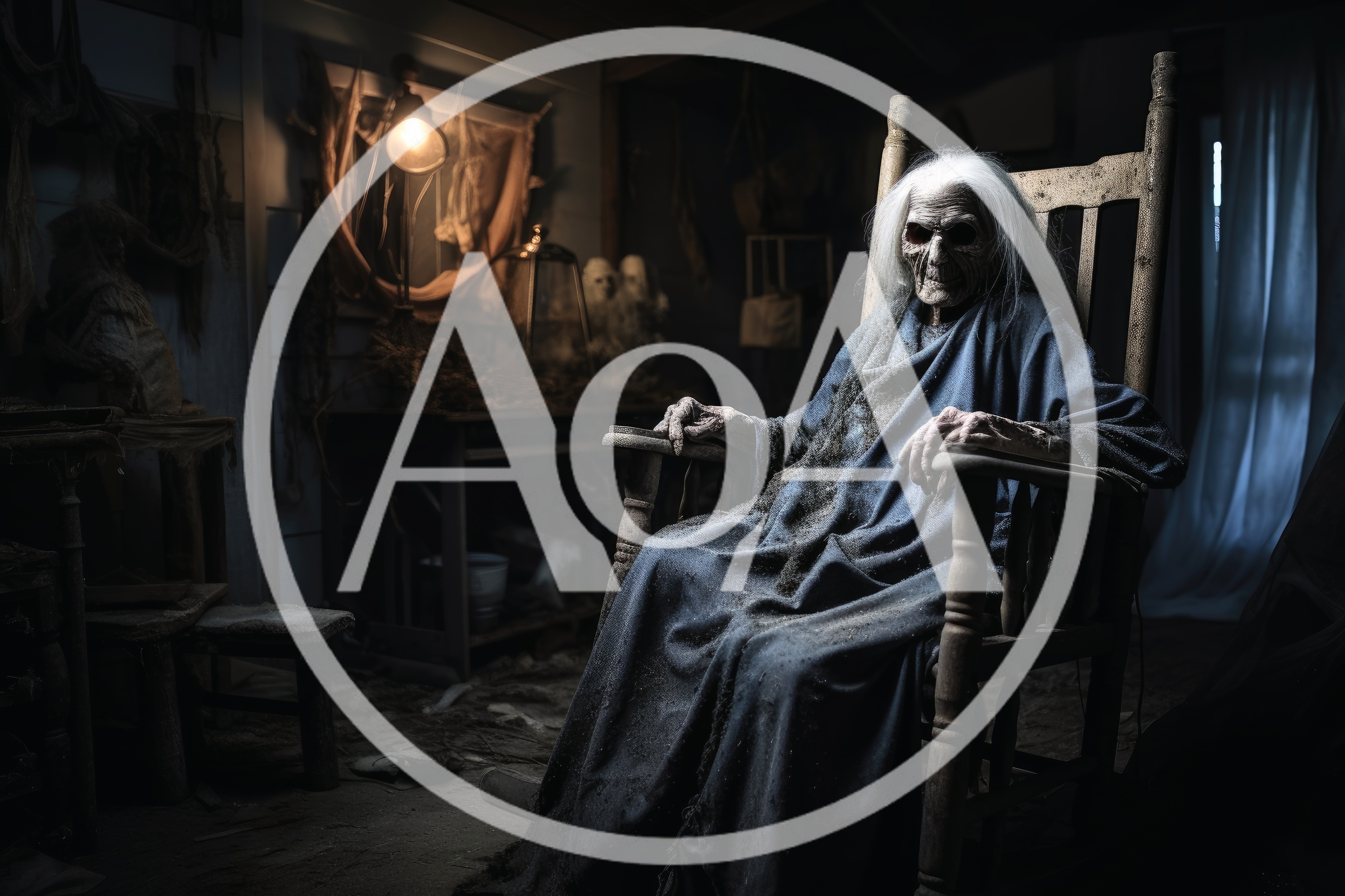 Creepy Elderly Figure Sitting In A Dark Wooden Rocking Chair