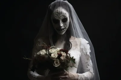 Creepy Bride With Skeletal Mask And Wedding Bouquet