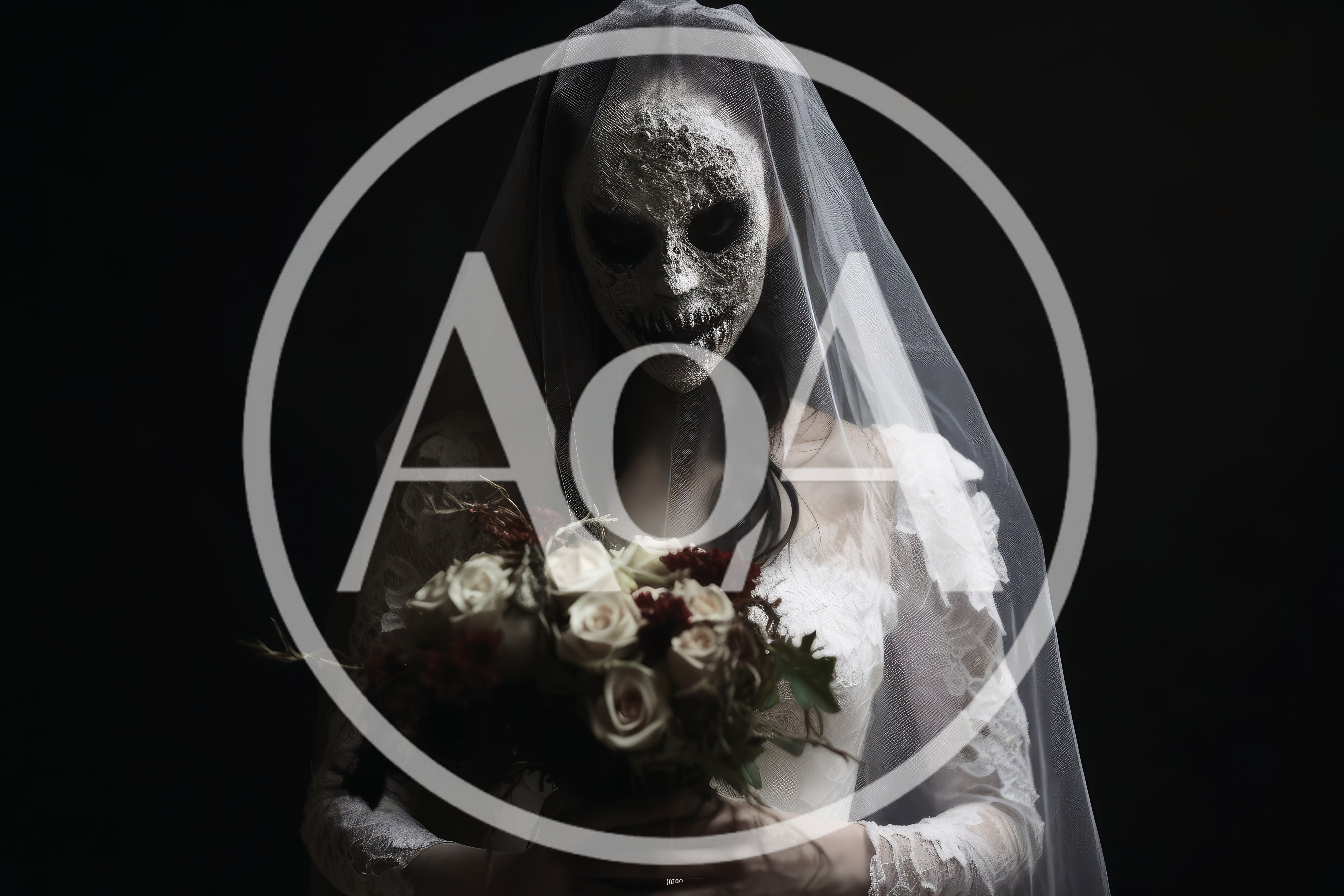 Creepy Bride With Skeletal Mask And Wedding Bouquet