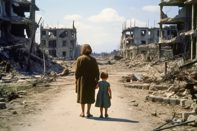 Mother And Child Walking Through War Torn City Ruins