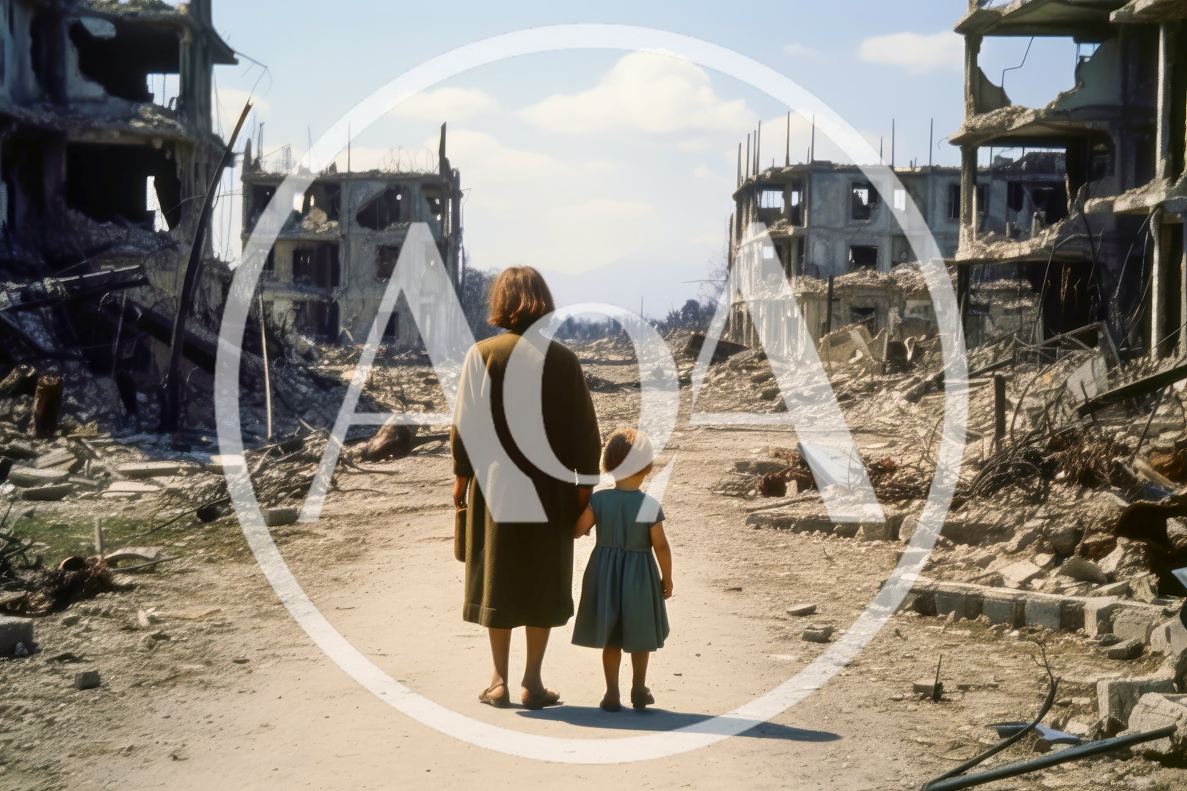 Mother And Child Walking Through War Torn City Ruins