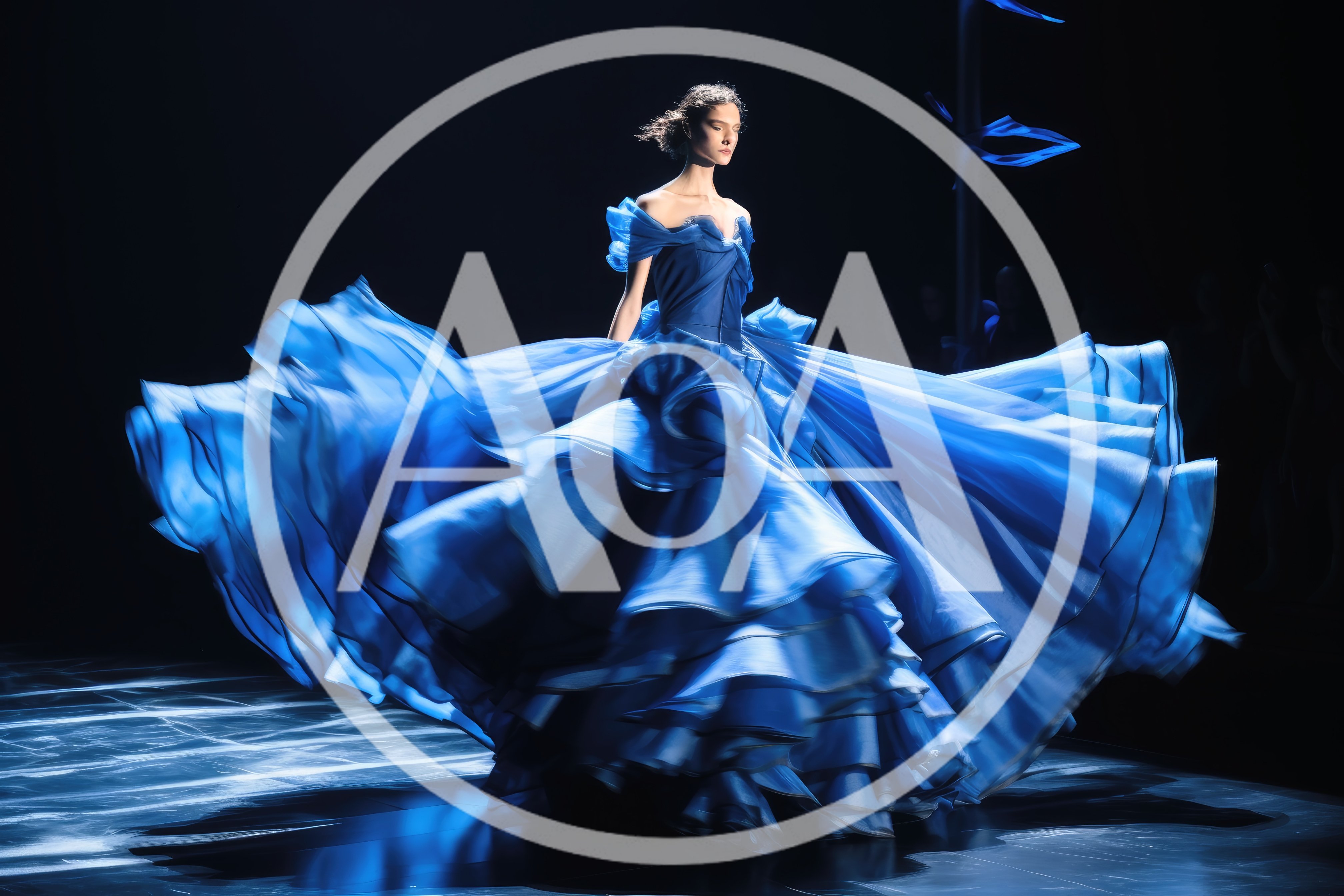 Fashion Model Walking In A Voluminous Blue Gown