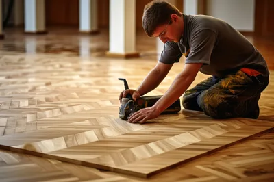 Professional Carpenter Sanding Herringbone Hardwood Floor