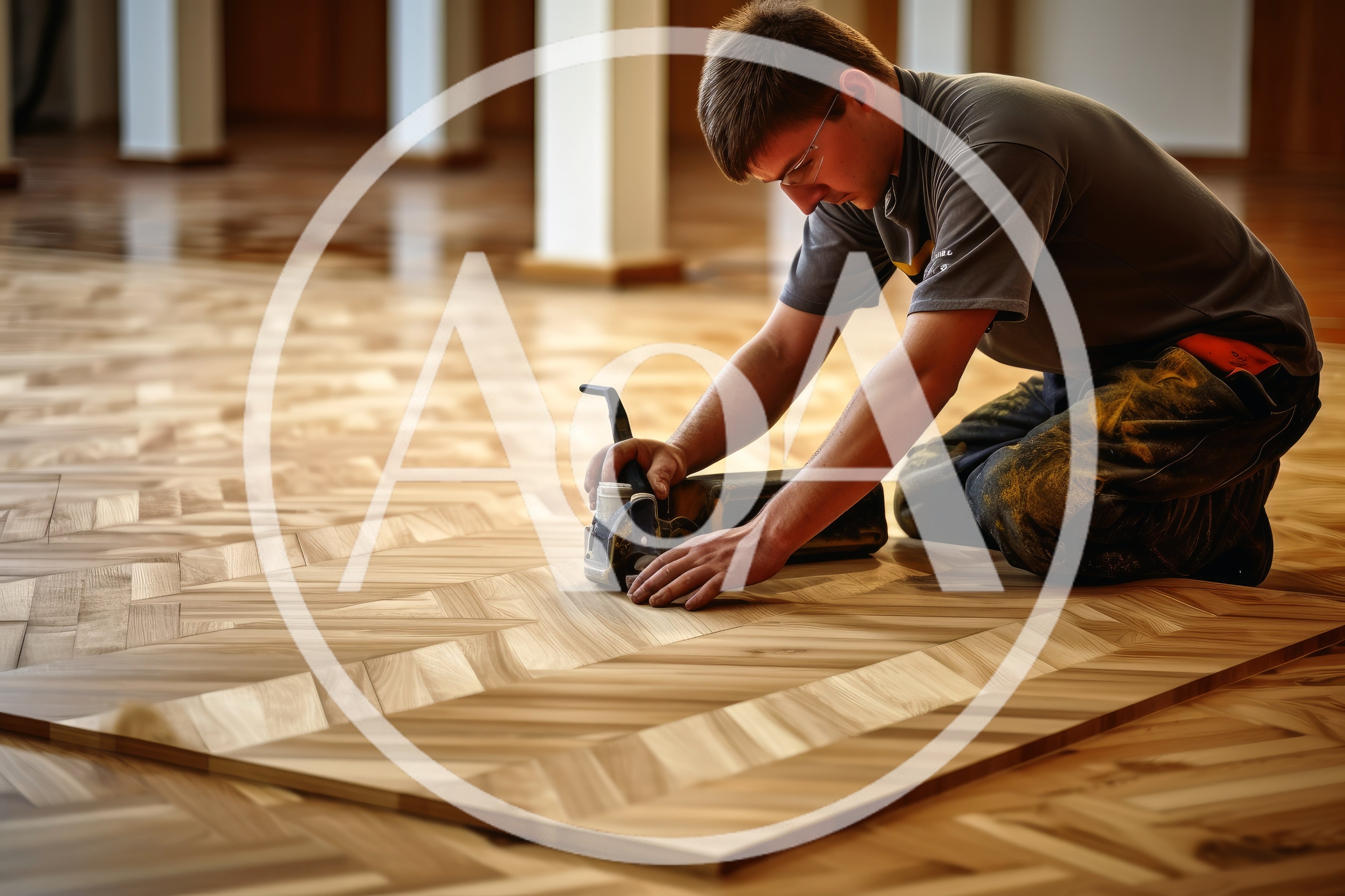 Professional Carpenter Sanding Herringbone Hardwood Floor