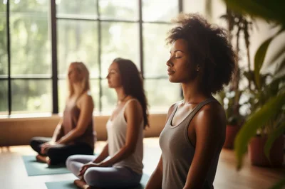 Diverse Women Practicing Meditation In A Yoga Studio