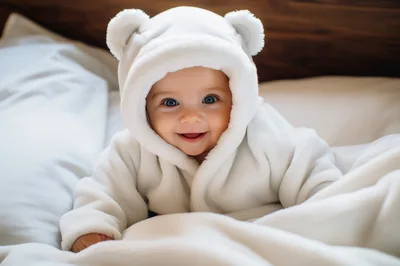 Adorable Baby Wearing A White Bear Hooded Onesie