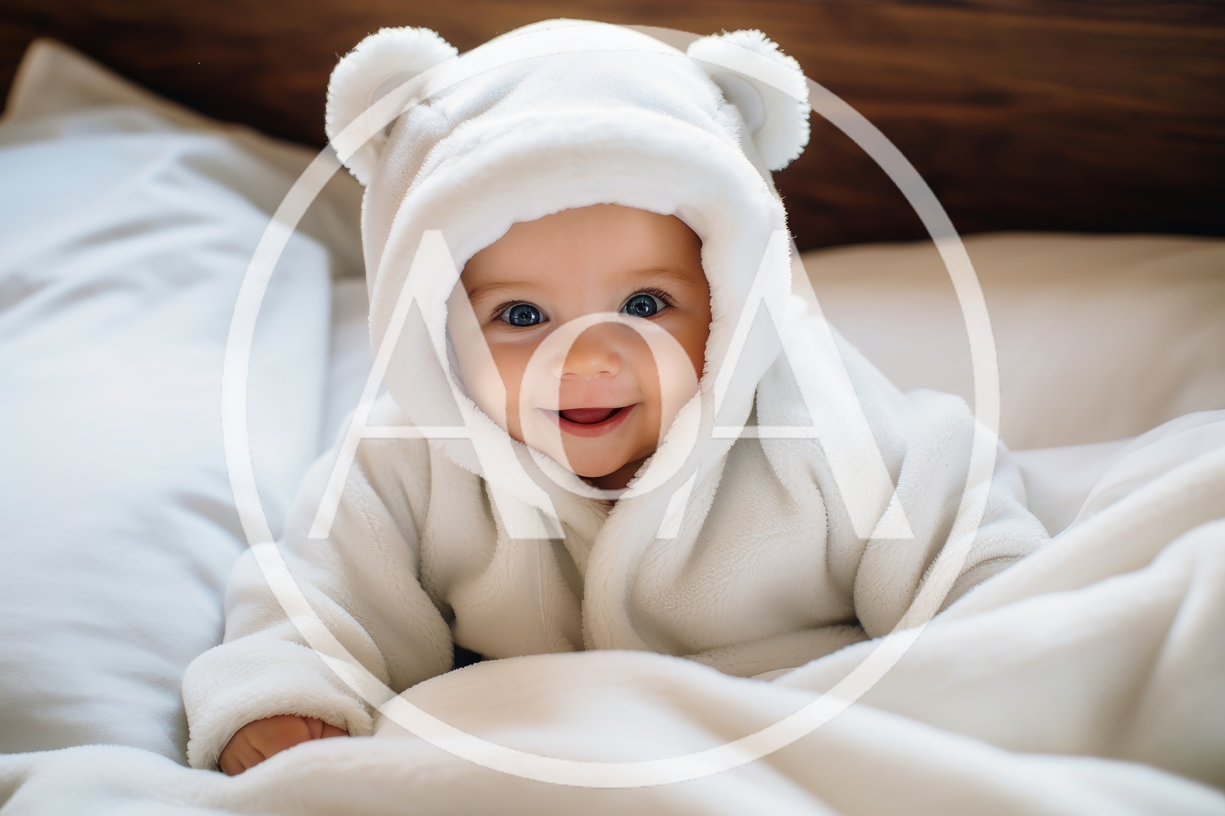 Adorable Baby Wearing A White Bear Hooded Onesie