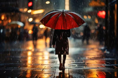 Person Walking With Red Umbrella In Rainy City
