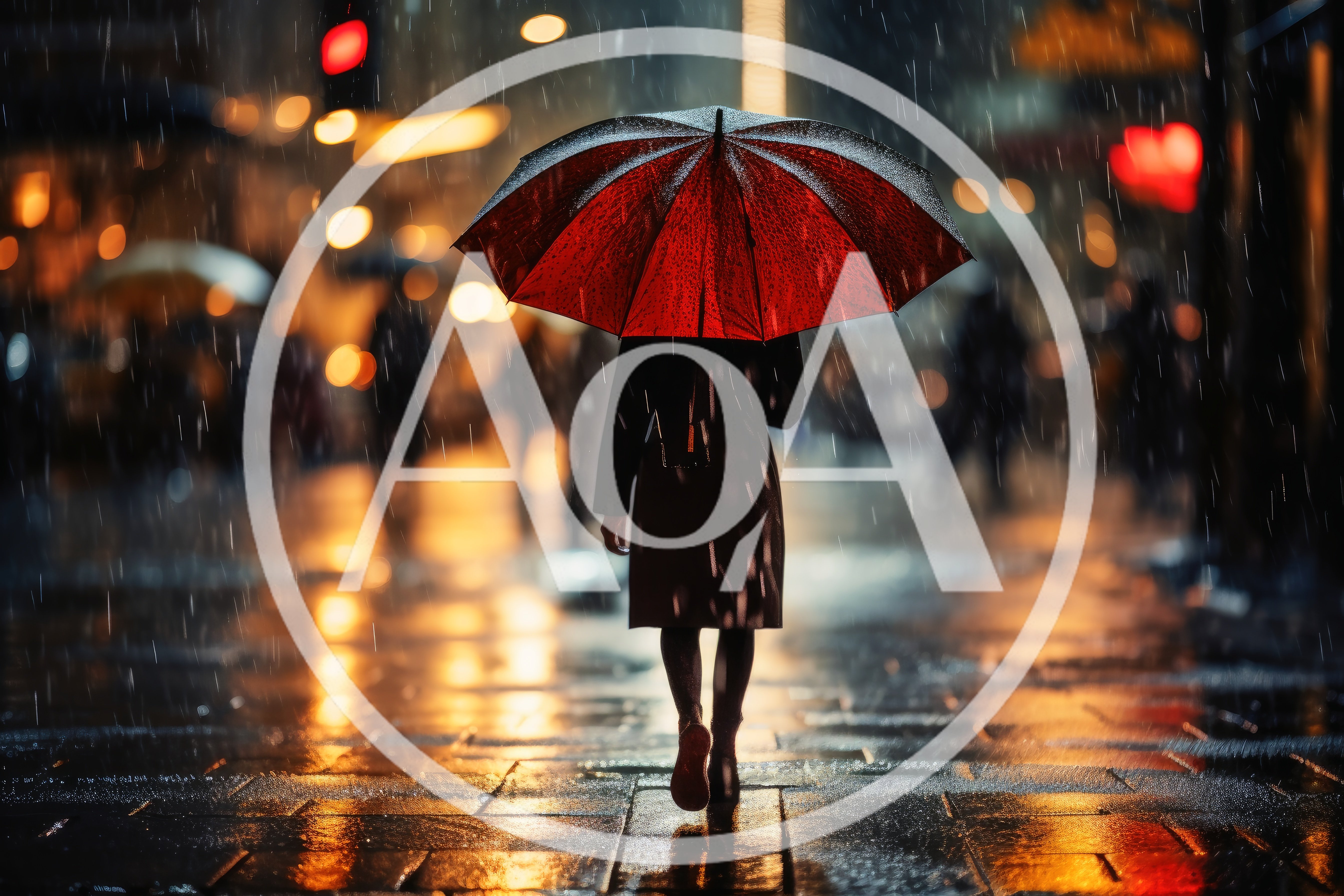 Person Walking With Red Umbrella In Rainy City