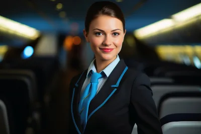 Professional Flight Attendant Standing In Airplane Cabin