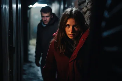 Woman Feeling Threatened by Stalker in Dark Alleyway