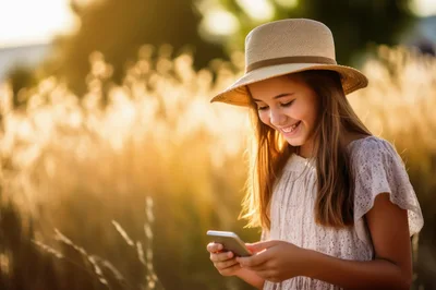 Young Girl Using Smartphone In Golden Hour Field