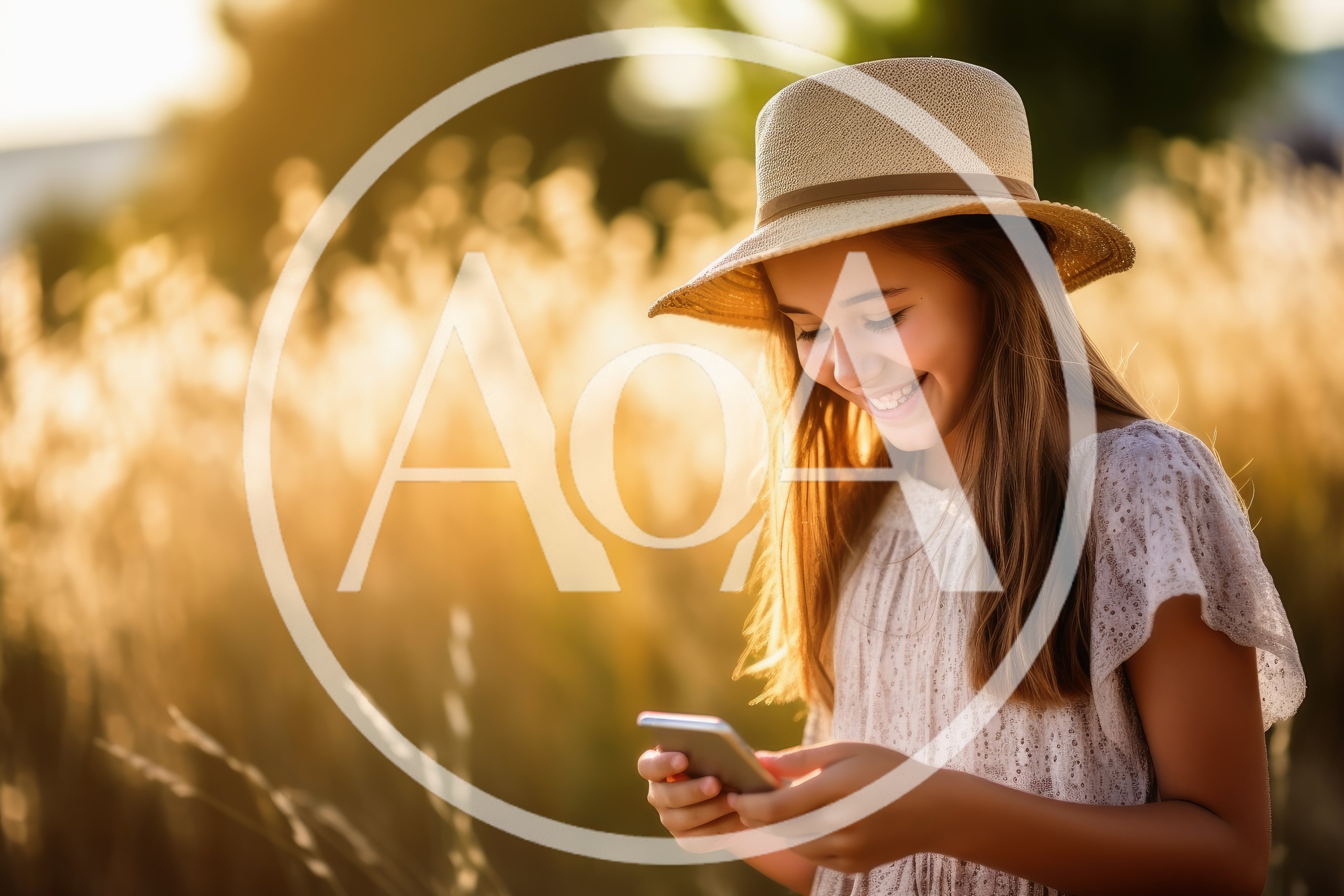 Young Girl Using Smartphone In Golden Hour Field