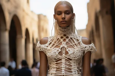 Fashion Model Wearing Intricate White Avant-Garde Structural Dress
