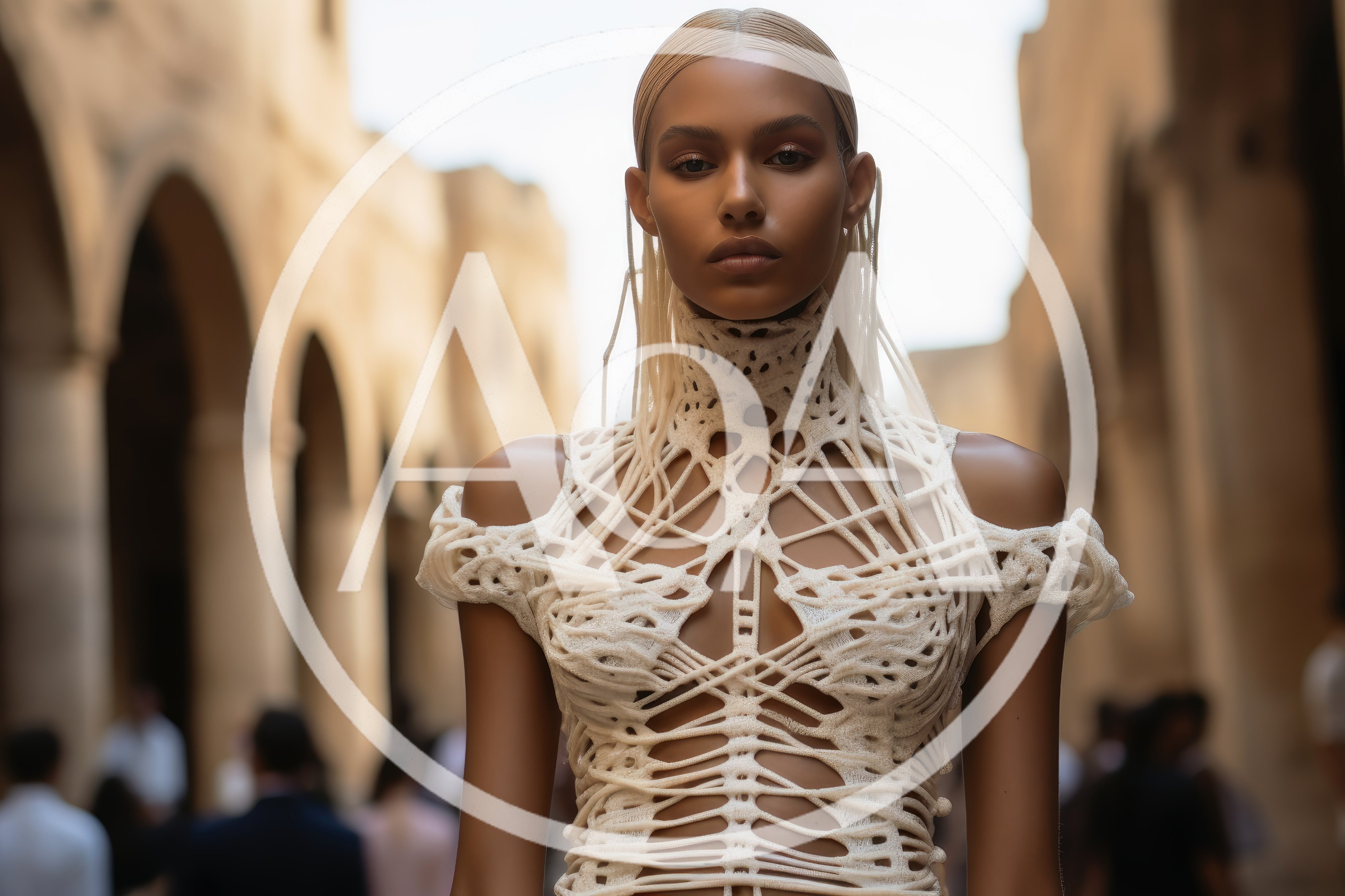 Fashion Model Wearing Intricate White Avant-Garde Structural Dress