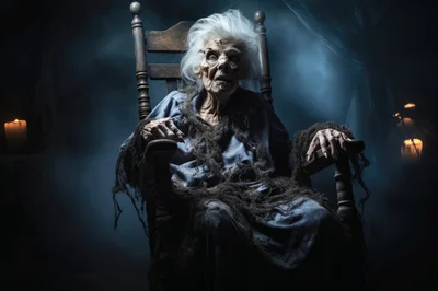 Creepy Elderly Woman Sitting In A Dark Haunted Chair