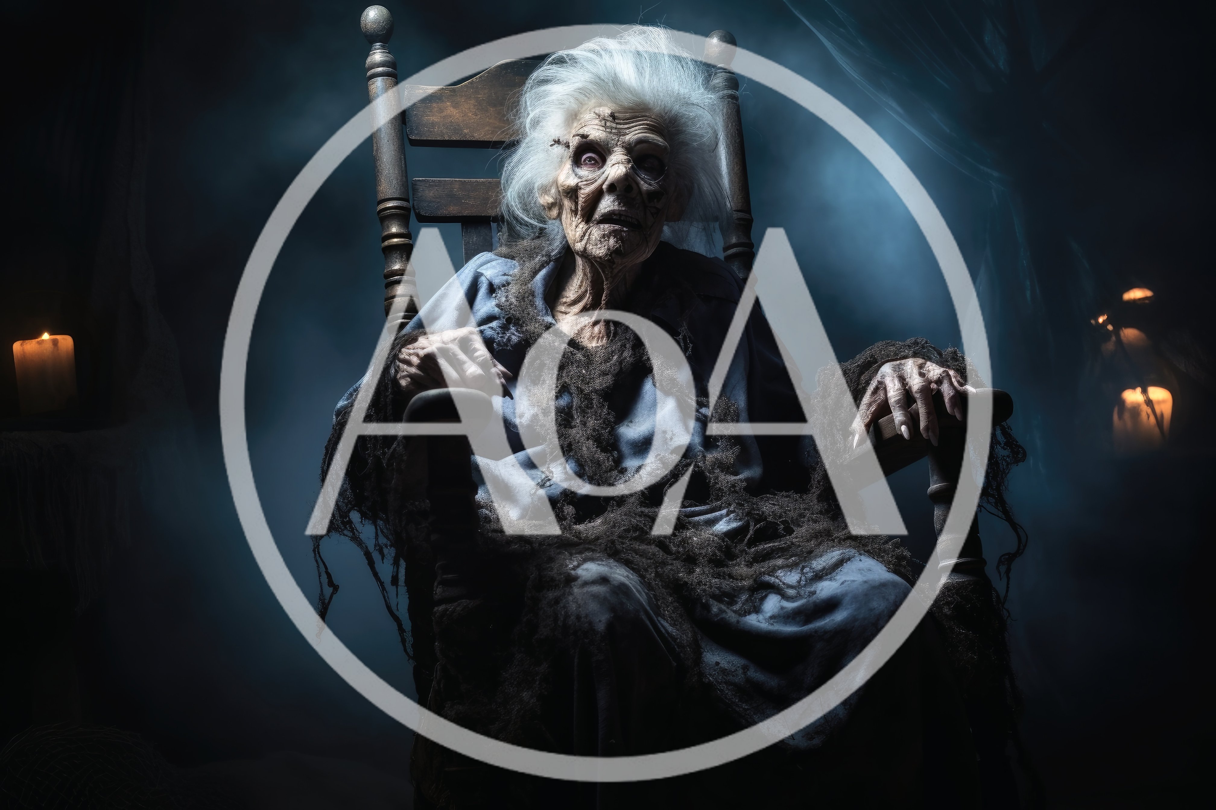 Creepy Elderly Woman Sitting In A Dark Haunted Chair