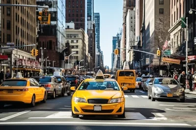 Yellow Taxi Cabs Driving Through Busy New York City Street