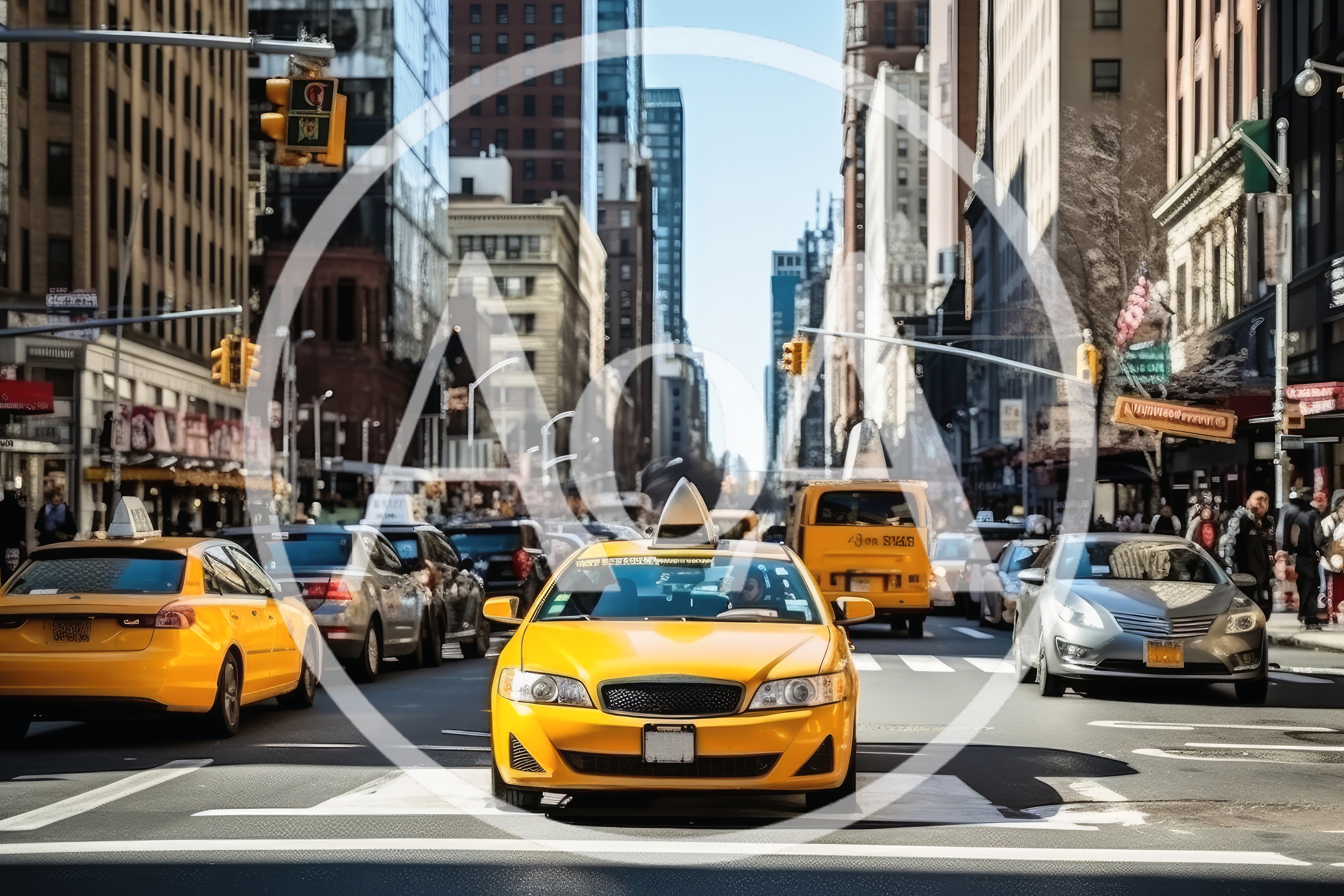 Yellow Taxi Cabs Driving Through Busy New York City Street