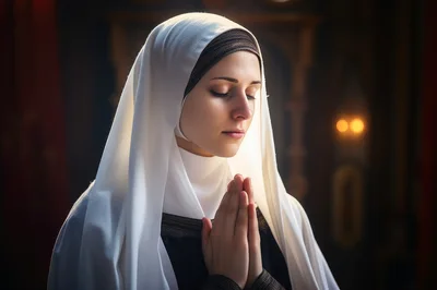 Young Nun Praying With Hands Clasped In Church