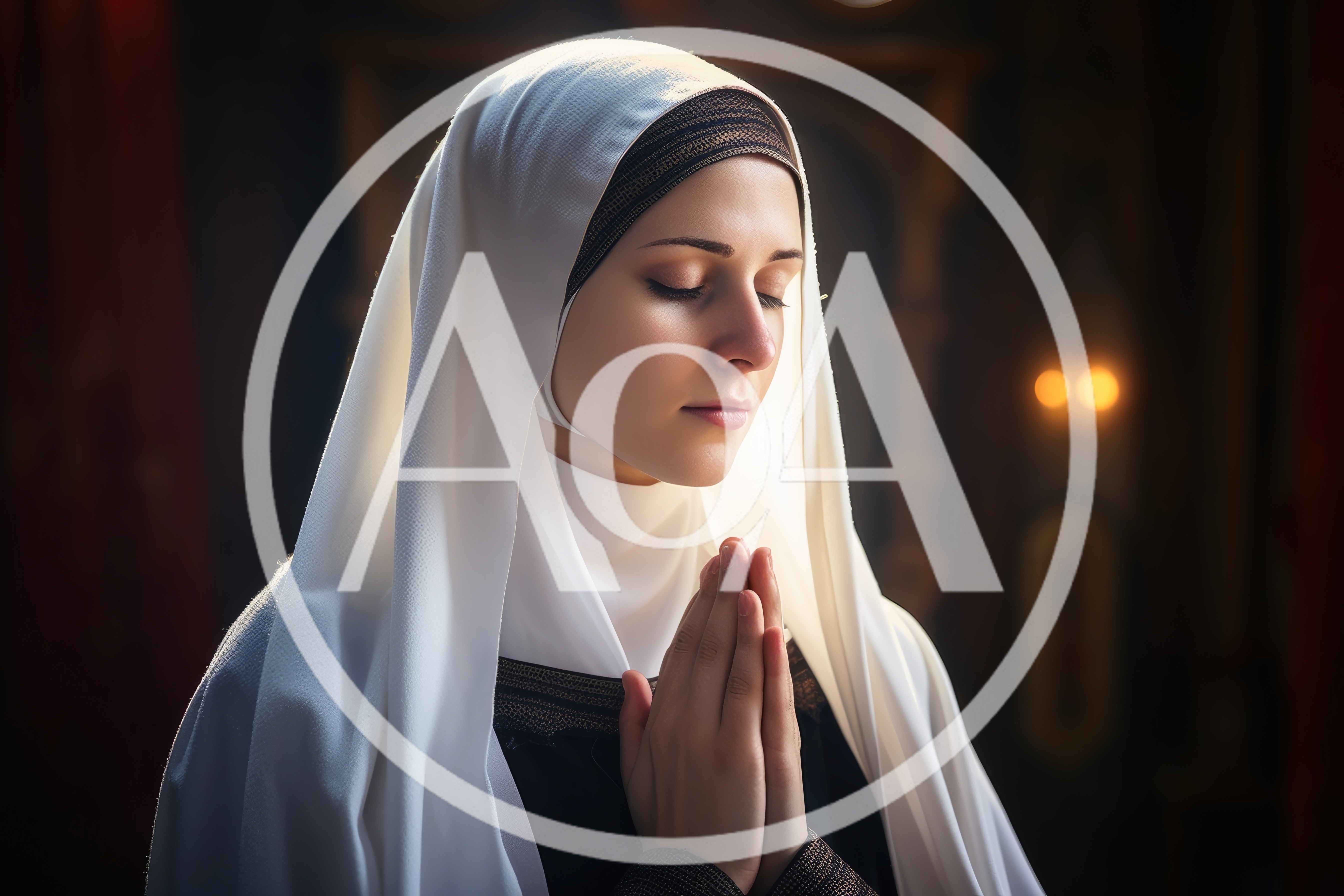 Young Nun Praying With Hands Clasped In Church
