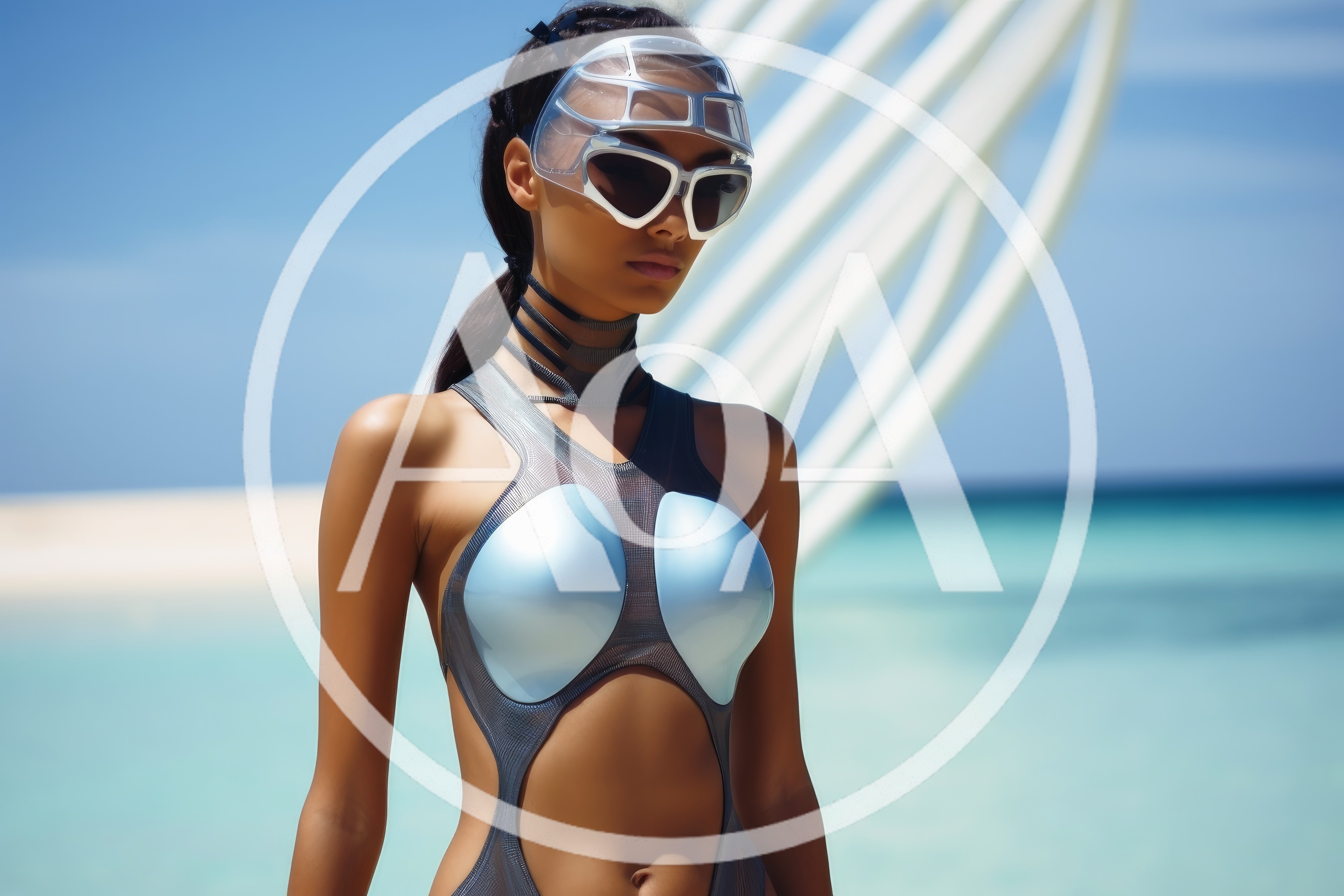 Futuristic Woman Wearing Metallic Swimwear and Visor