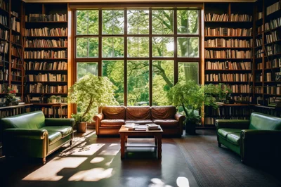 Luxurious Library Lounge With Leather Sofas And Bookshelves