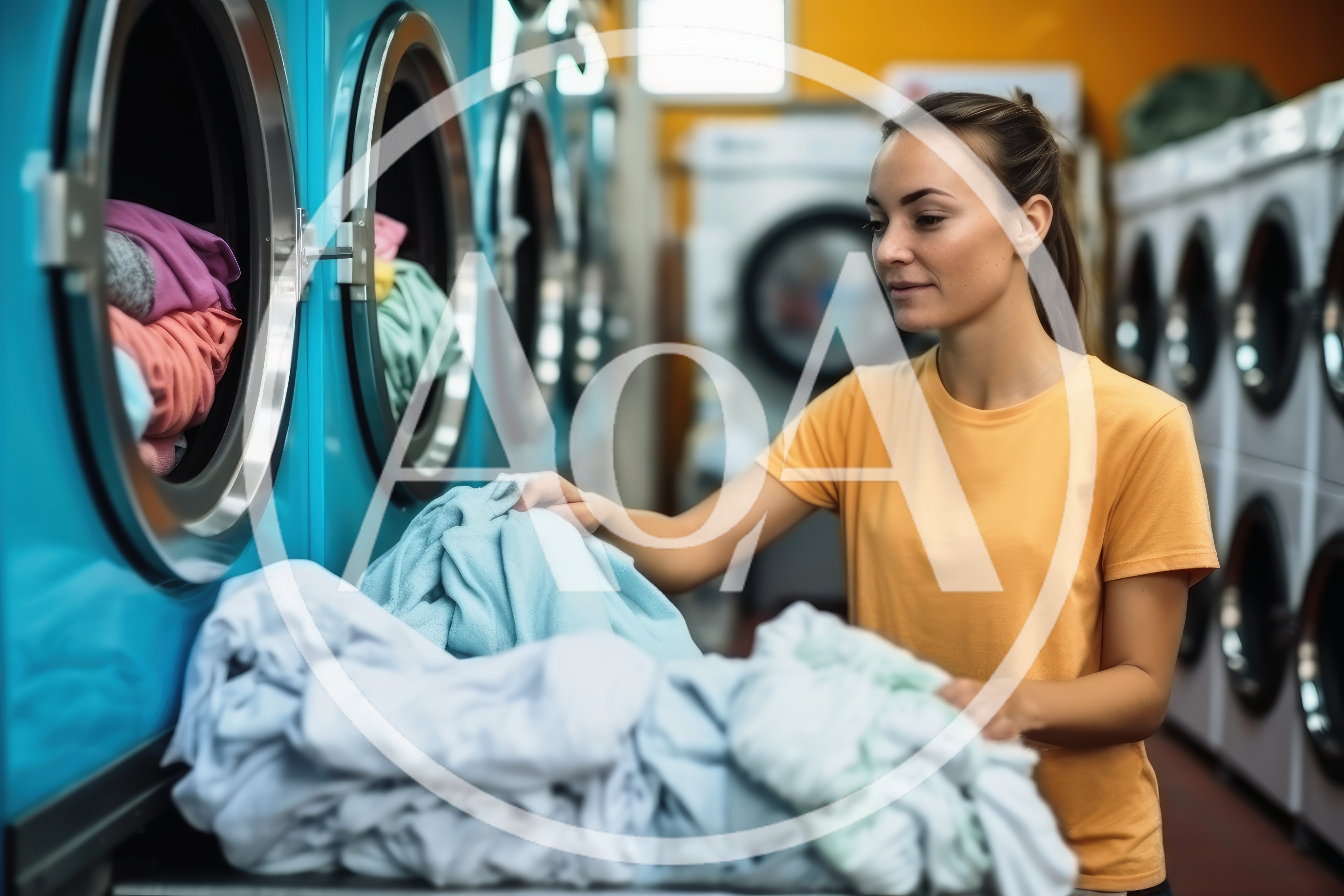 Young Woman Sorting Laundry In A Laundromat
