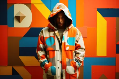 Young Man Wearing Patterned Hooded Jacket Against Geometric Wall