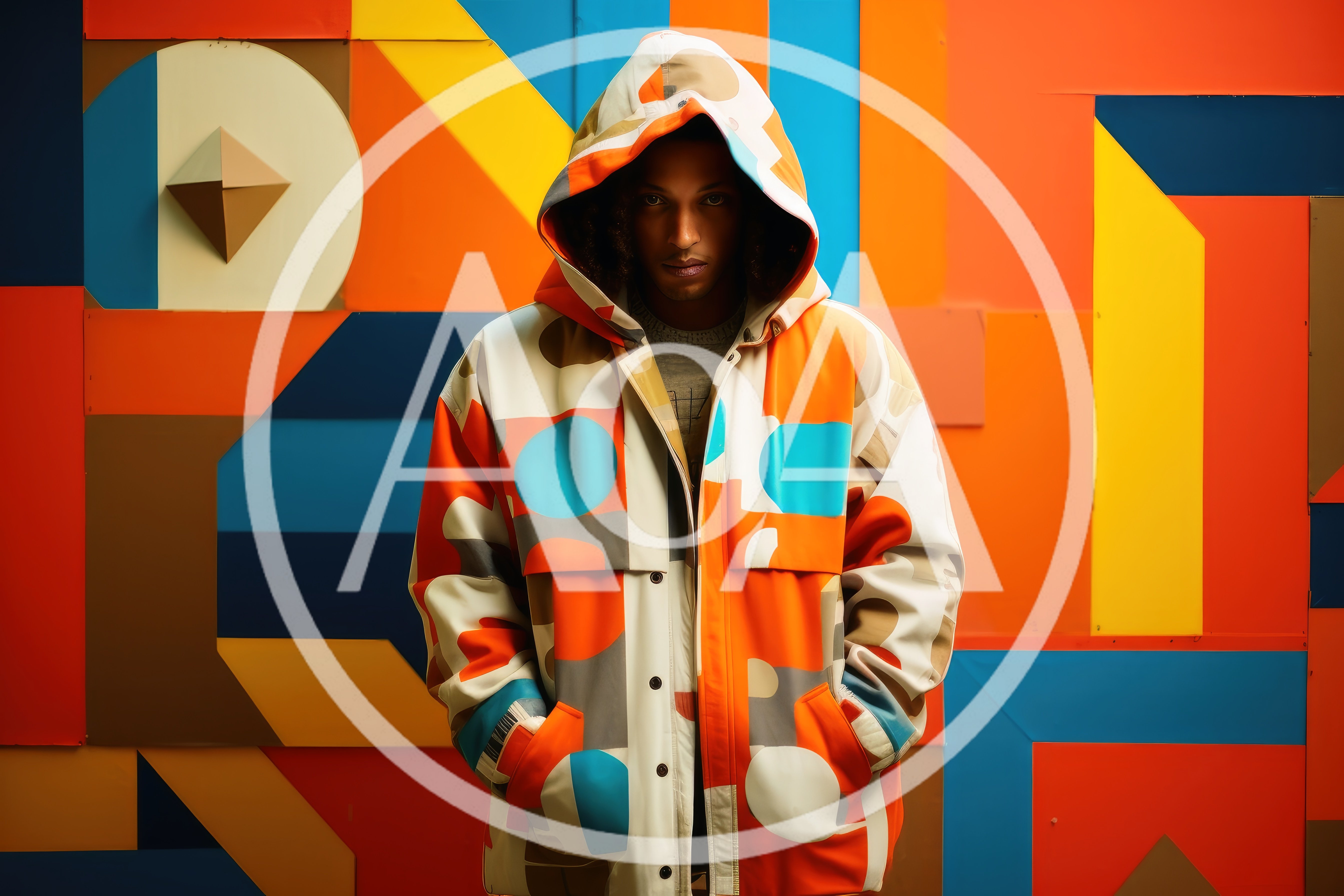 Young Man Wearing Patterned Hooded Jacket Against Geometric Wall
