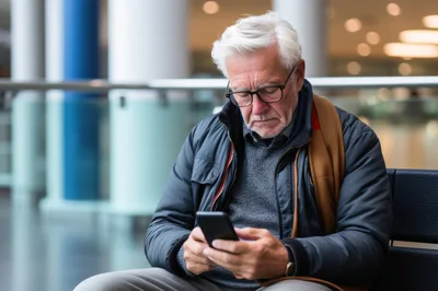Senior Man Using Smartphone In Modern Airport Terminal