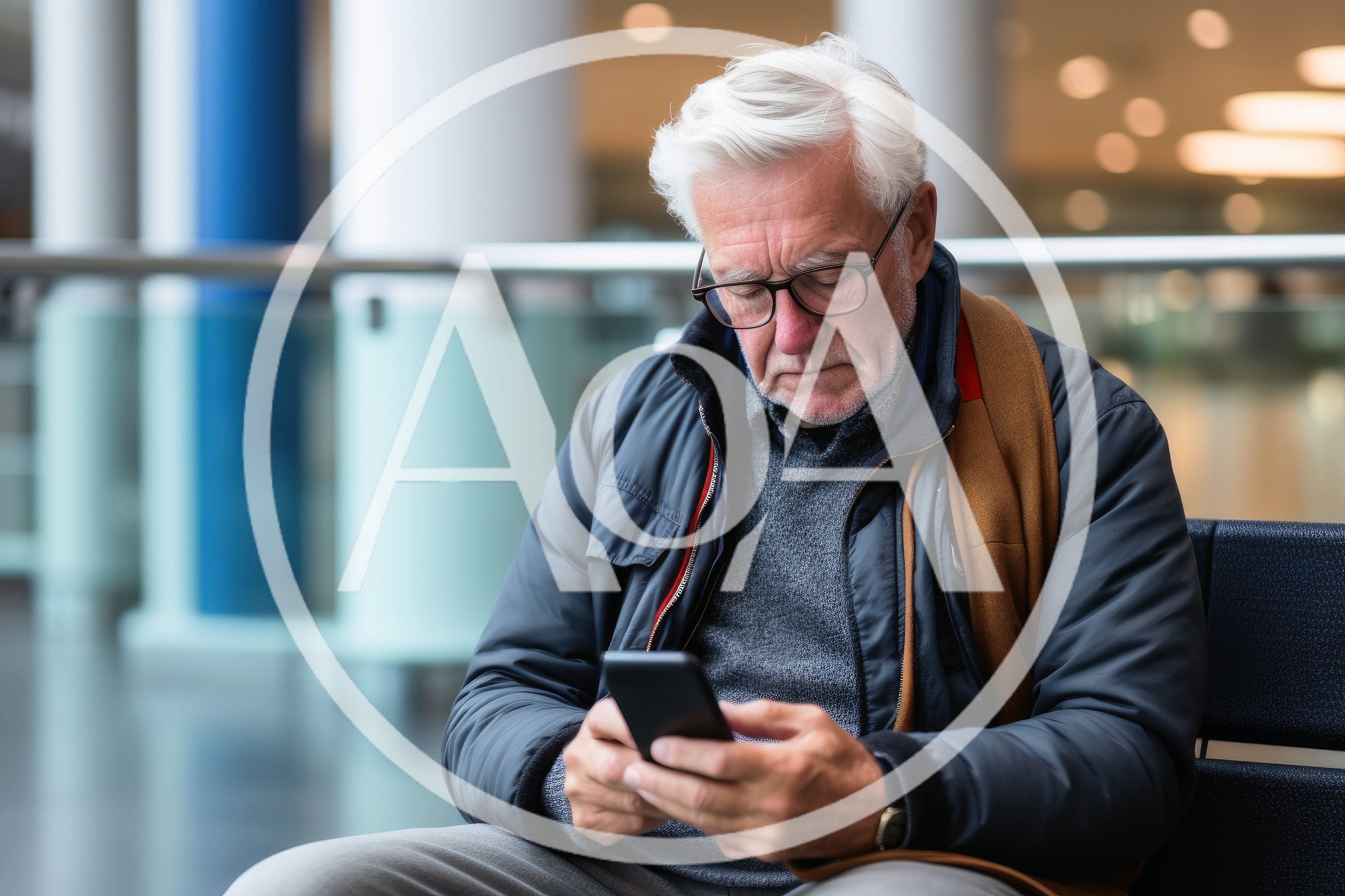 Senior Man Using Smartphone In Modern Airport Terminal