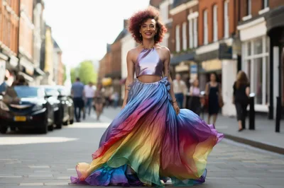 Woman Wearing Rainbow Skirt Walking Down City Street