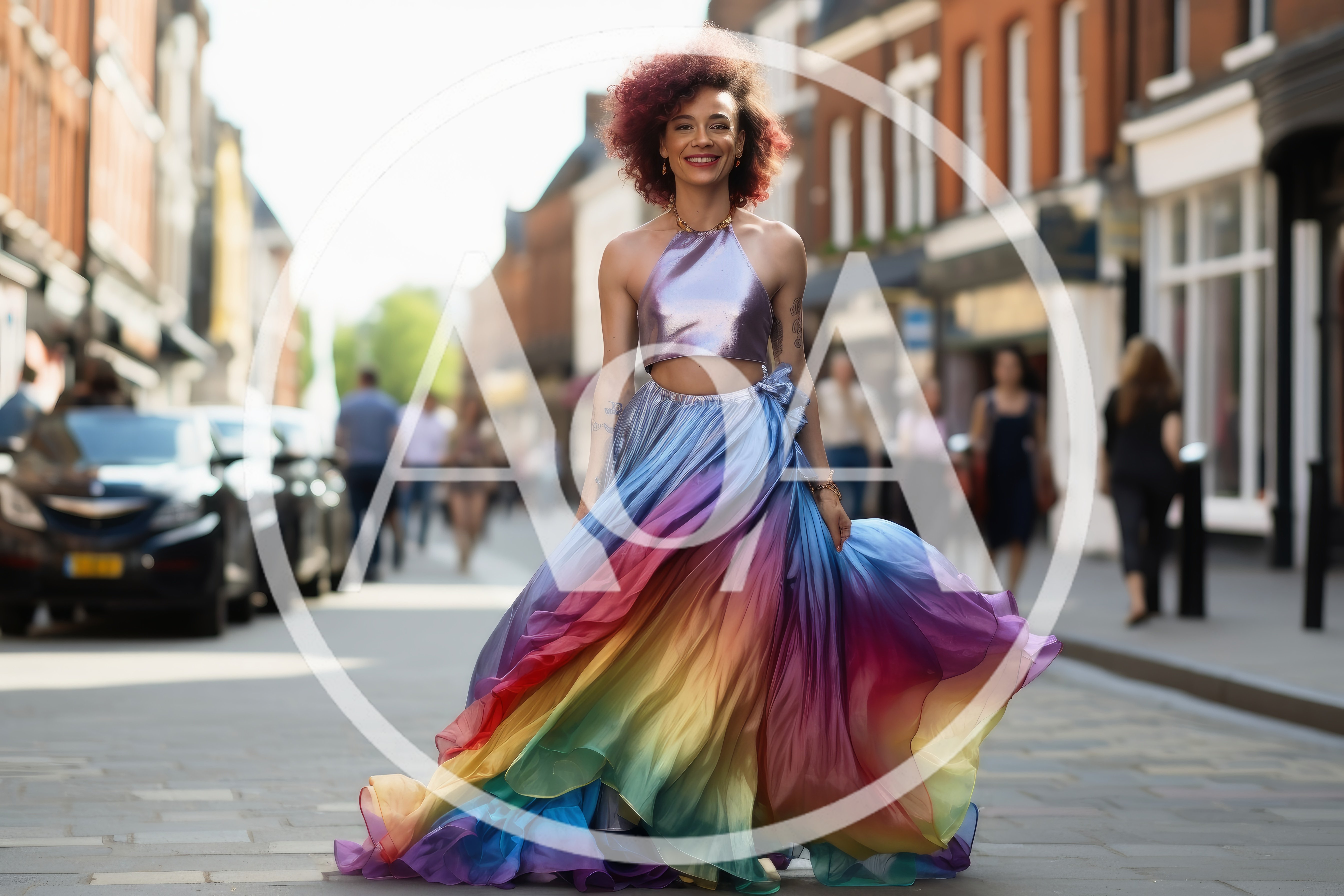 Woman Wearing Rainbow Skirt Walking Down City Street